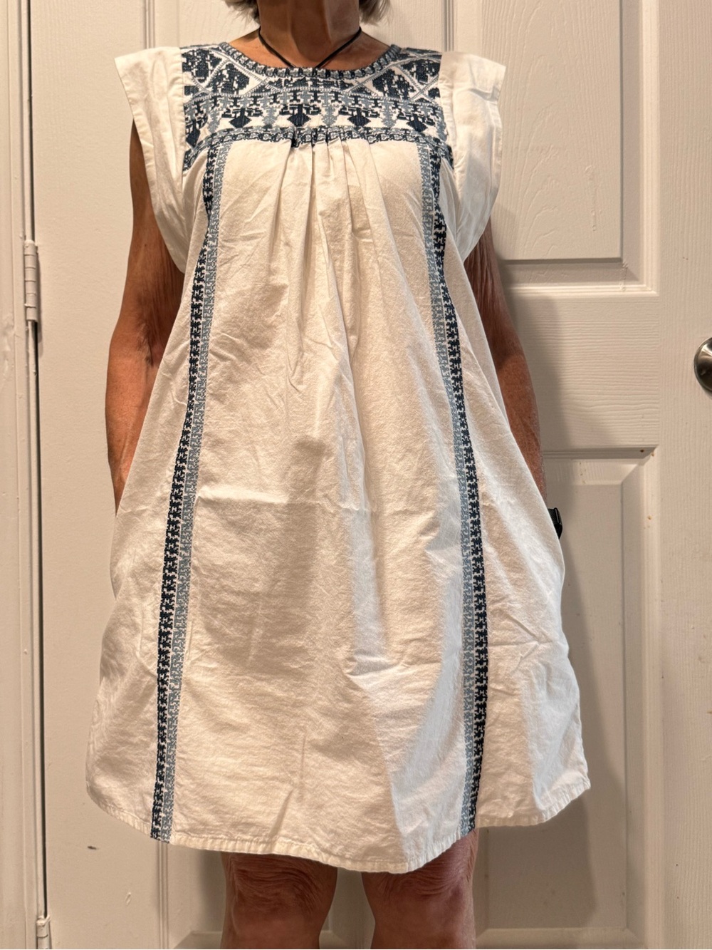 Faherty Embroidered Cotton Shift Dress White Blue Size S